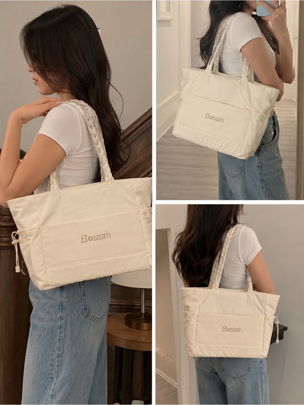 Boss Cream Quilted Tote with Braided Shoulder Handles